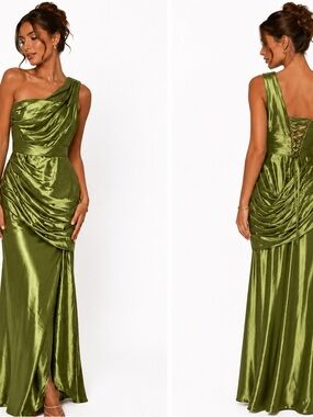 Witness of Love One-Shoulder Olive Green Satin Evening Dress